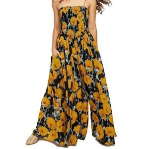 NWT FreePeople Womens Sophia Smocked Sleeveless Jumpsuit Black Yellow Floral SzL